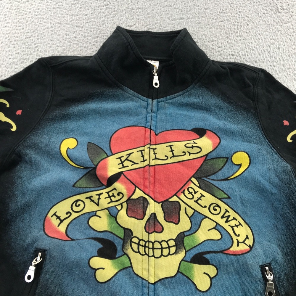 Vintage Y2K Ed Hardy Jacket Womens Large Black Embroidered Skull Love Kills Zip - Picture 2 of 16